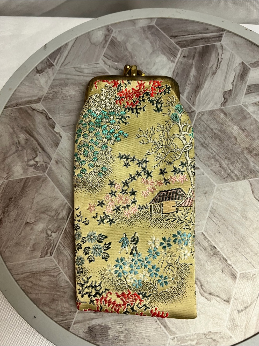 Vintage Asian Brocade Eyeglass Case Gold Floral Landscape Kiss Lock